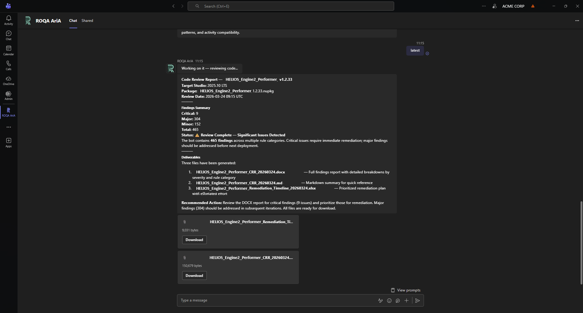 ROQA ARIA — Code Review - severity-ranked findings with auto-generated remediation packages