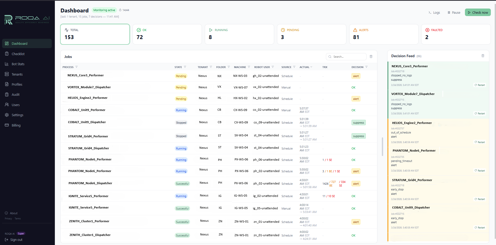 ROQA MONA — Dashboard - real-time job statuses, health indicators, and decision feed